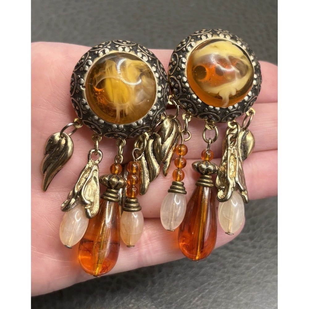 Vintage 80s Runway Faux Amber Swirl Cabochon Dangle Beaded Statement Earrings